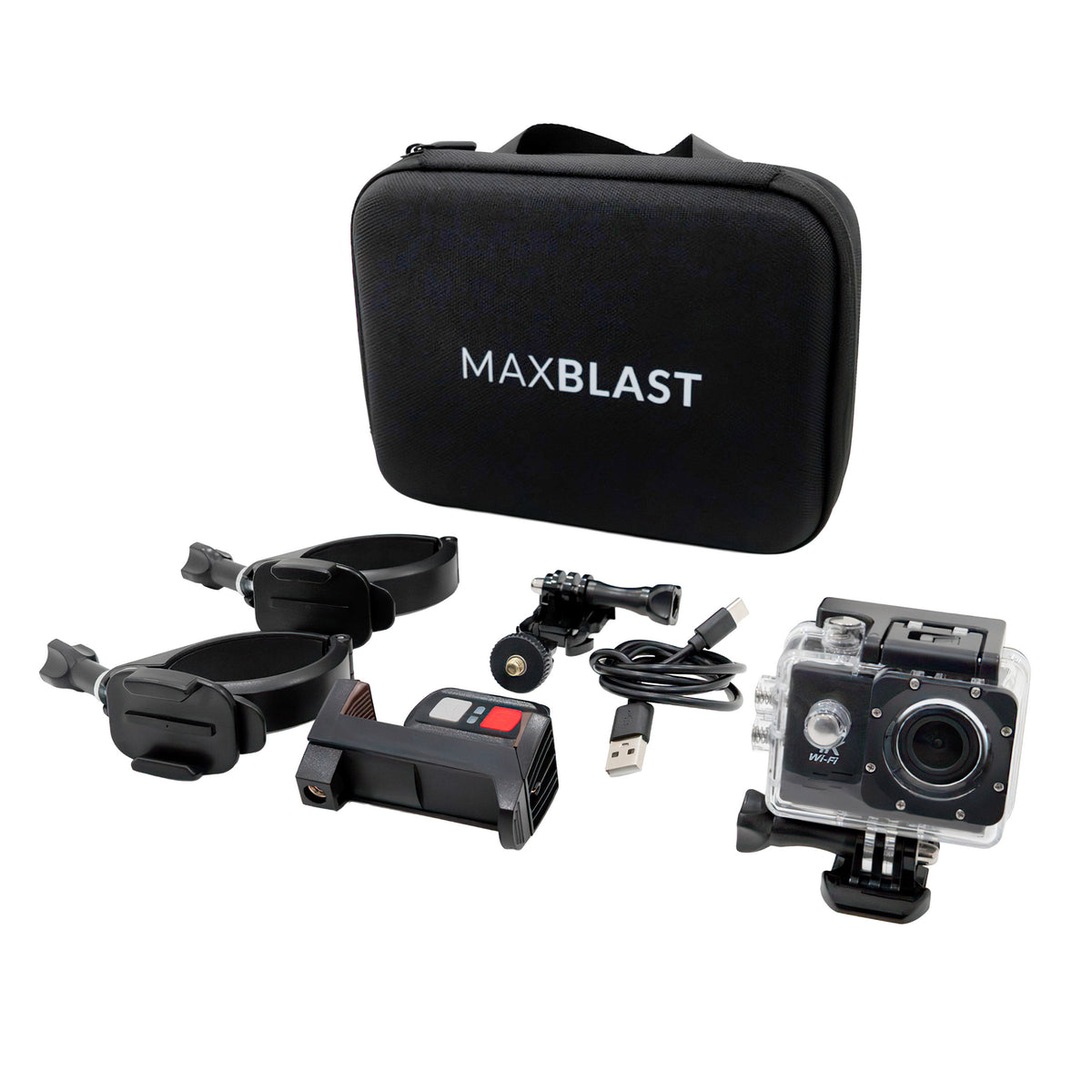 Schwarze Tragetasche mit dem Logo MAXBLAST, enthält eine Kamera, Halterungen und Zubehör für den 90L Nass- & Trocken Industriestaubsauger