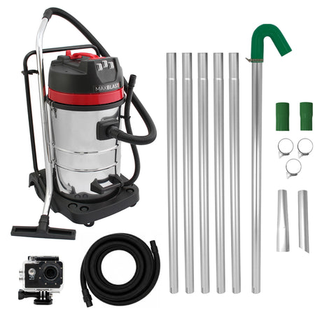Robuster 80L Nass- & Trocken-Industriestaubsauger in Silber und Rot, mit 5m Schlauch, Aluminium-Rohren und Kamera für vielseitige Anwendungen