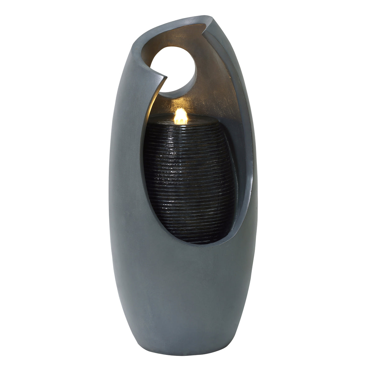 Elegantes elektrisches Wasserspiel in grauem Design mit strahlenden Wasserfällen und sanftem Licht, ideal für entspannende Atmosphären