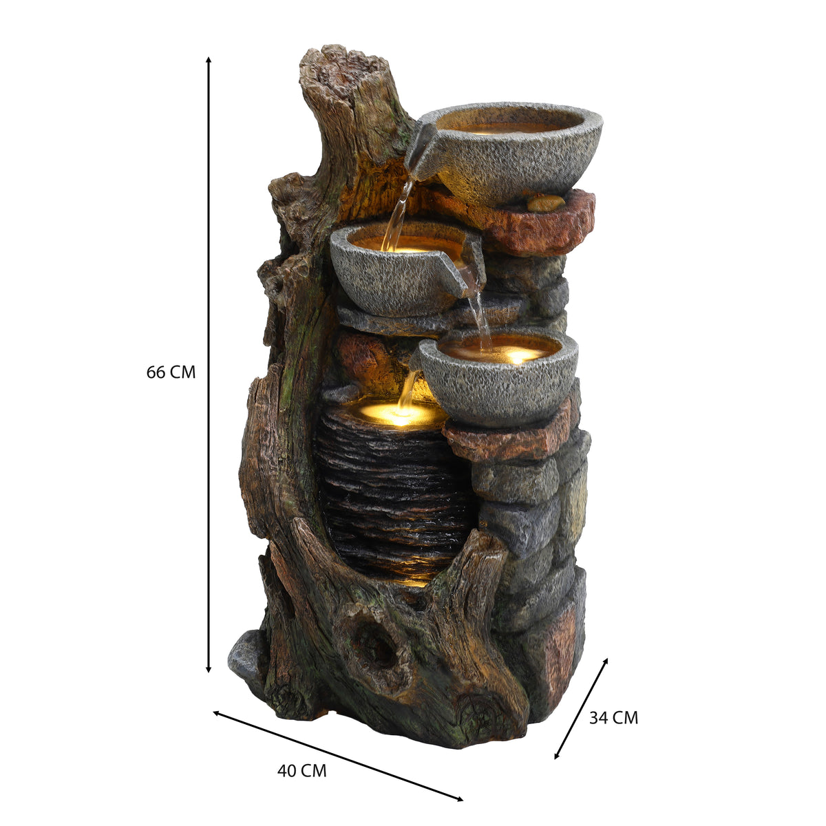 Rustikales elektrisches Wasserspiel mit drei Schalen, aus grauem Stein und Holzoptik, Wasser fließt sanft über die Stufen, 66 cm hoch, 40 cm breit