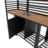 Küchenset für den Außenbereich, bestehend aus Aluminium und Holz, mit einer Holzarbeitsfläche, Edelstahlspüle und offenen Regalen in modernem Schwarz