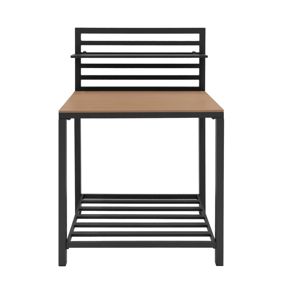 Schwarzer Aluminiumrahmen mit Holzplatte, modernes Küchenset für den Außenbereich, funktional und stilvoll, ideal für Garten oder Terrasse