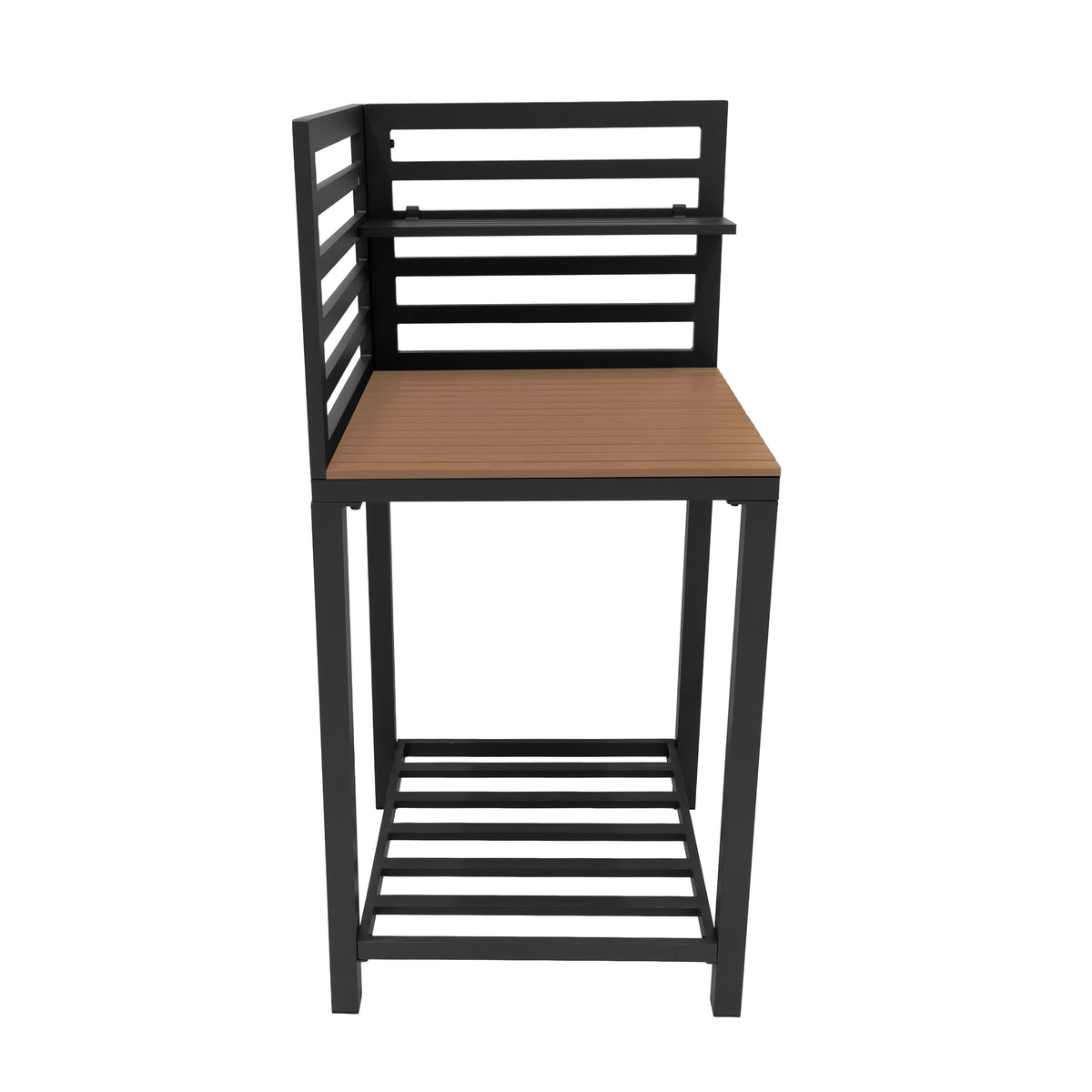 Dreiteiliges Küchenset für den Außenbereich aus Aluminium und Holz, mit schwarzem Gestell und brauner Holzoberfläche, ideal für Garten und Terrasse