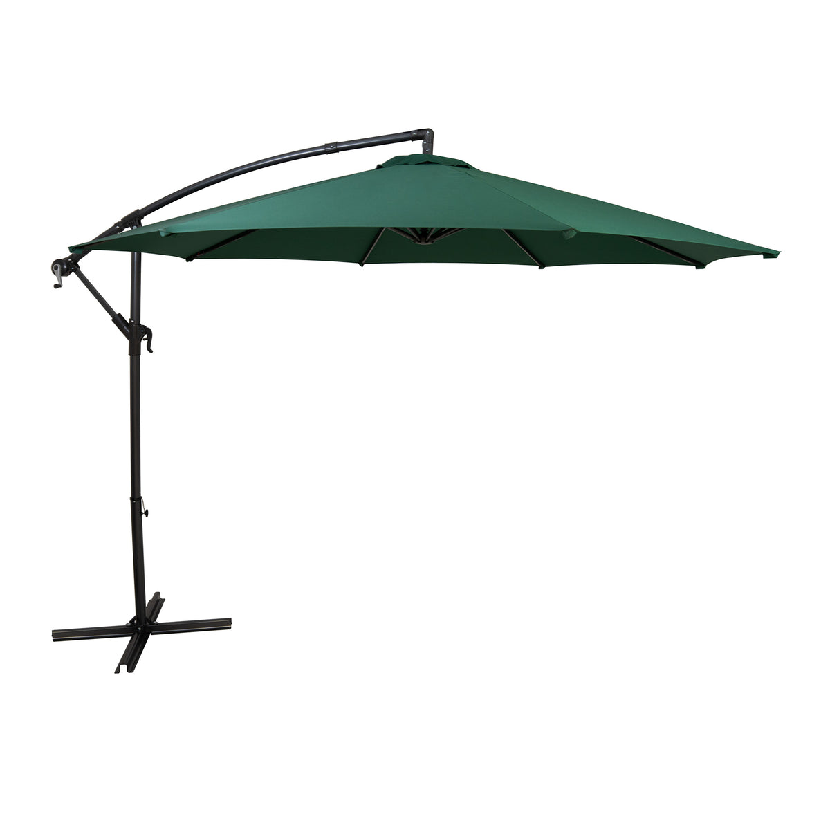 Grüner Ausleger-Sonnenschirm mit einem Durchmesser von 3m, stabiler schwarzer Metallbasis und elegantem, schrägem Design