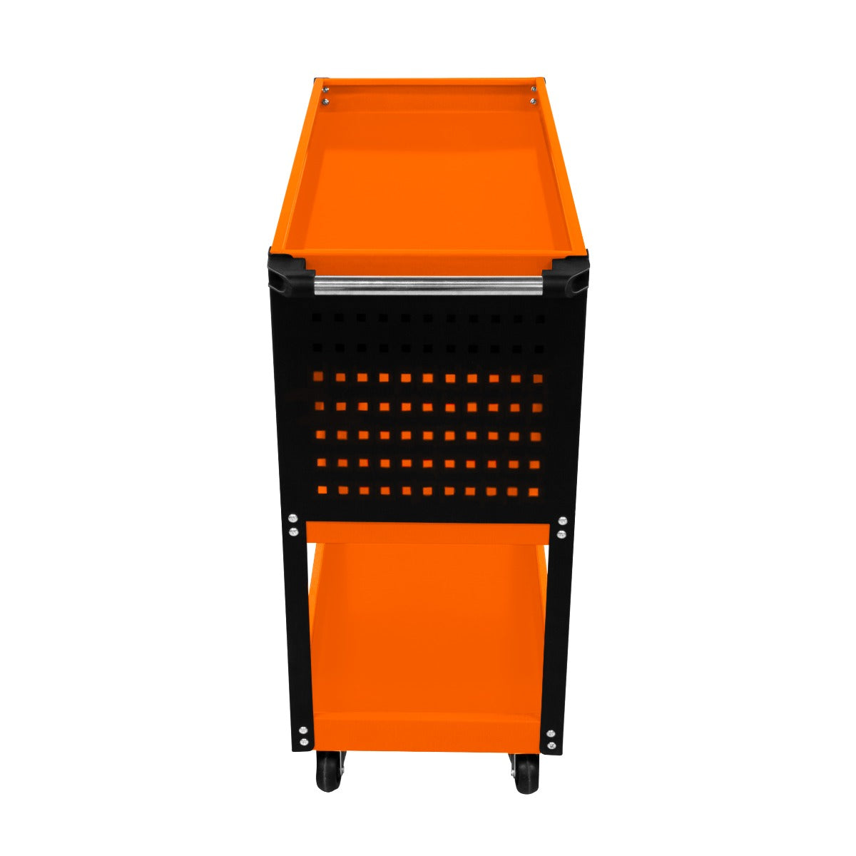 Robuster T-Mech Werkstattwagen in Schwarz und Orange mit perforierter Front, zwei Ablageflächen und stabilen Rollen für einfache Mobilität