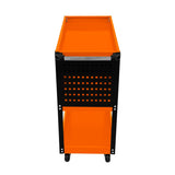 Robuster T-Mech Werkstattwagen in Schwarz und Orange mit perforierter Front, zwei Ablageflächen und stabilen Rollen für einfache Mobilität