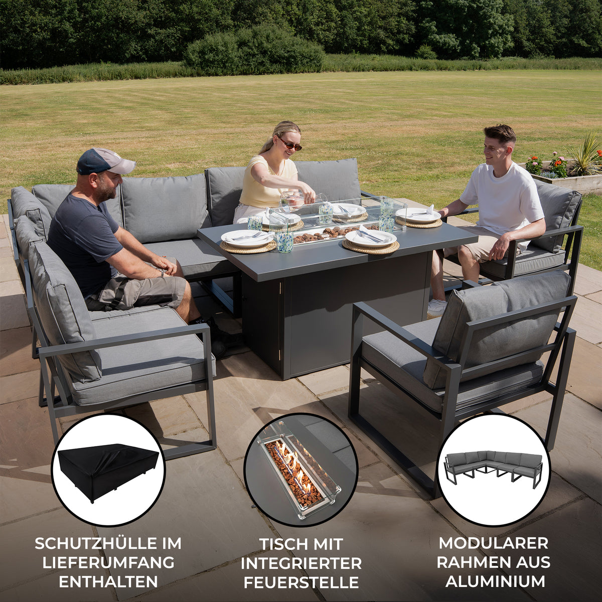 Aluminium-Gartenmöbel-Set für 7 Personen mit Feuerstelle - view 13