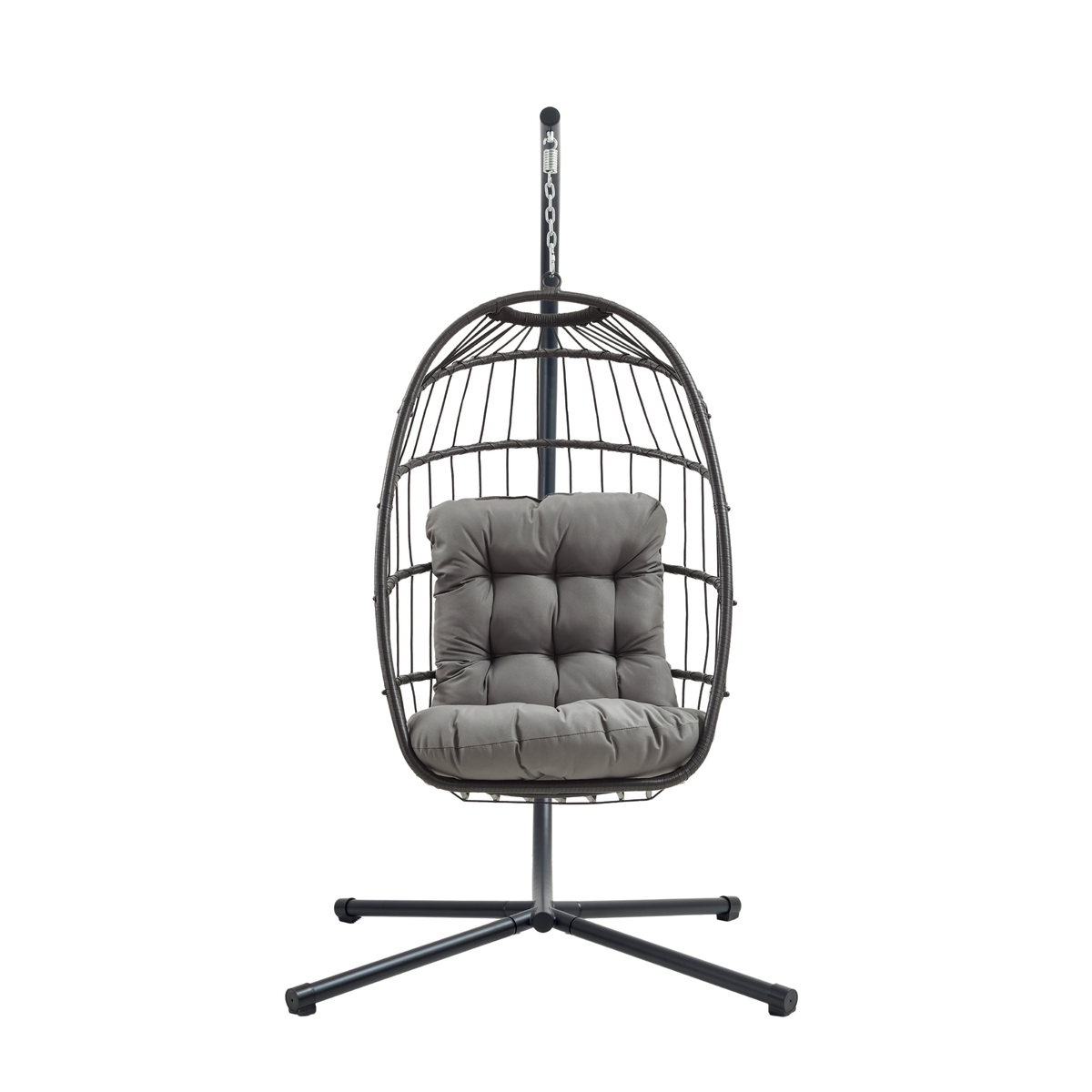 Schwarzer Rattan Hängesessel in Eiform mit grauem, gepolstertem Kissen, stabiler Metallbasis und modernem Design, ideal für Innen- und Außenbereiche