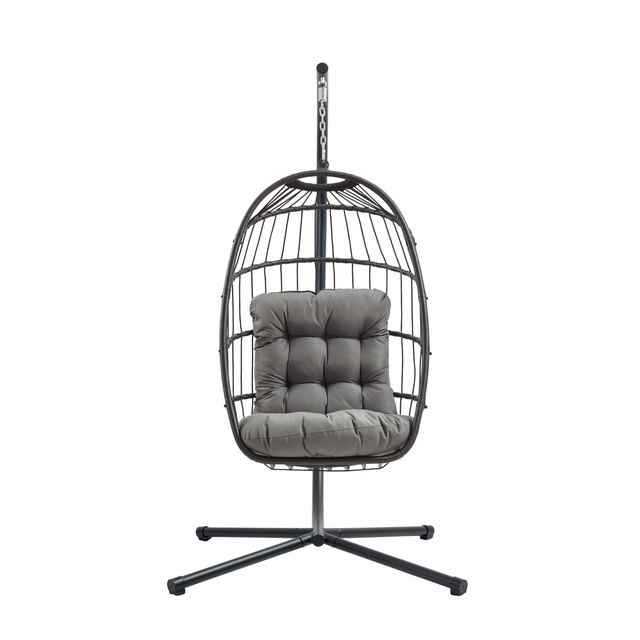 Schwarzer Rattan Hängesessel in Eiform mit grauem, gepolstertem Kissen, stabiler Metallbasis und modernem Design, ideal für Innen- und Außenbereiche