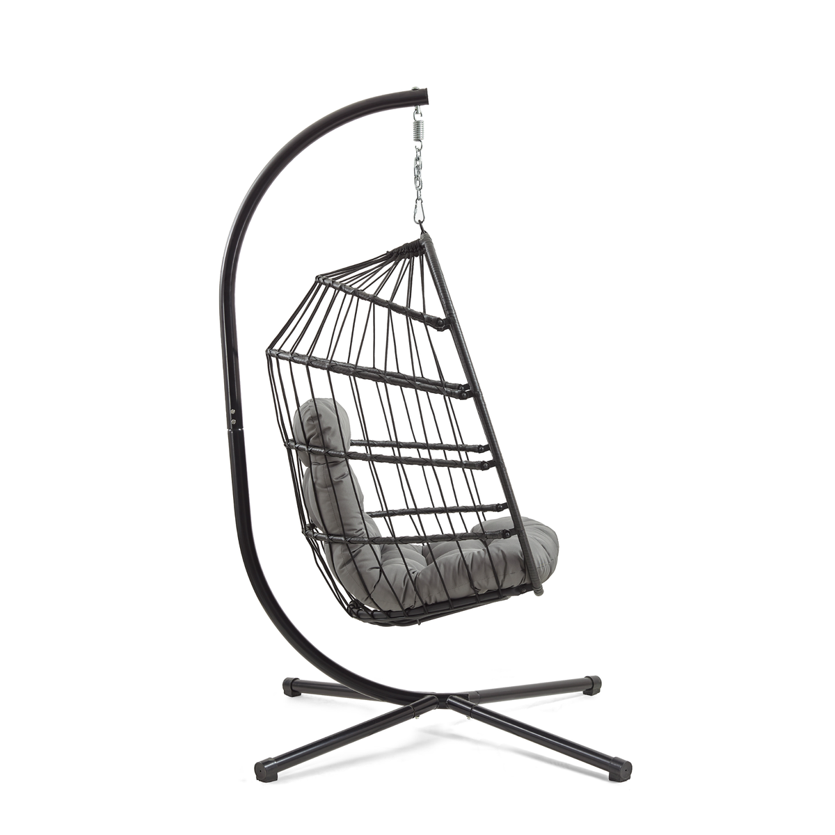 Schwarzer Rattan Hängesessel in Eiform mit grauem, gepolstertem Kissen, elegant aufgehängt an einem stabilen, geschwungenen Gestell