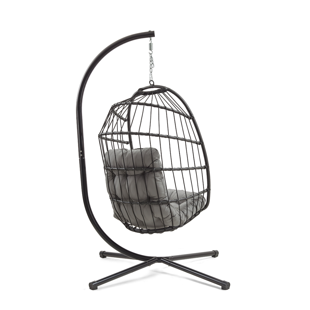 Schwarzer Rattan Hängesessel in Eiform mit grauem Polster, elegant und modern, ideal für Innen- und Außenbereiche, schwebend aufgehängt