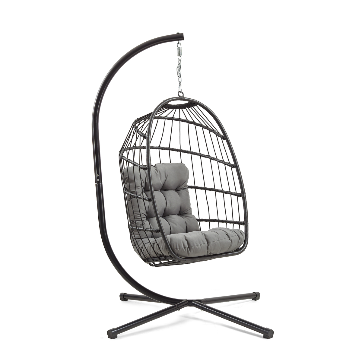 Schwarzer Rattan Hängesessel in Eiform mit bequemen grauen Kissen, hängend an einem stabilen Metallgestell mit elegantem Design