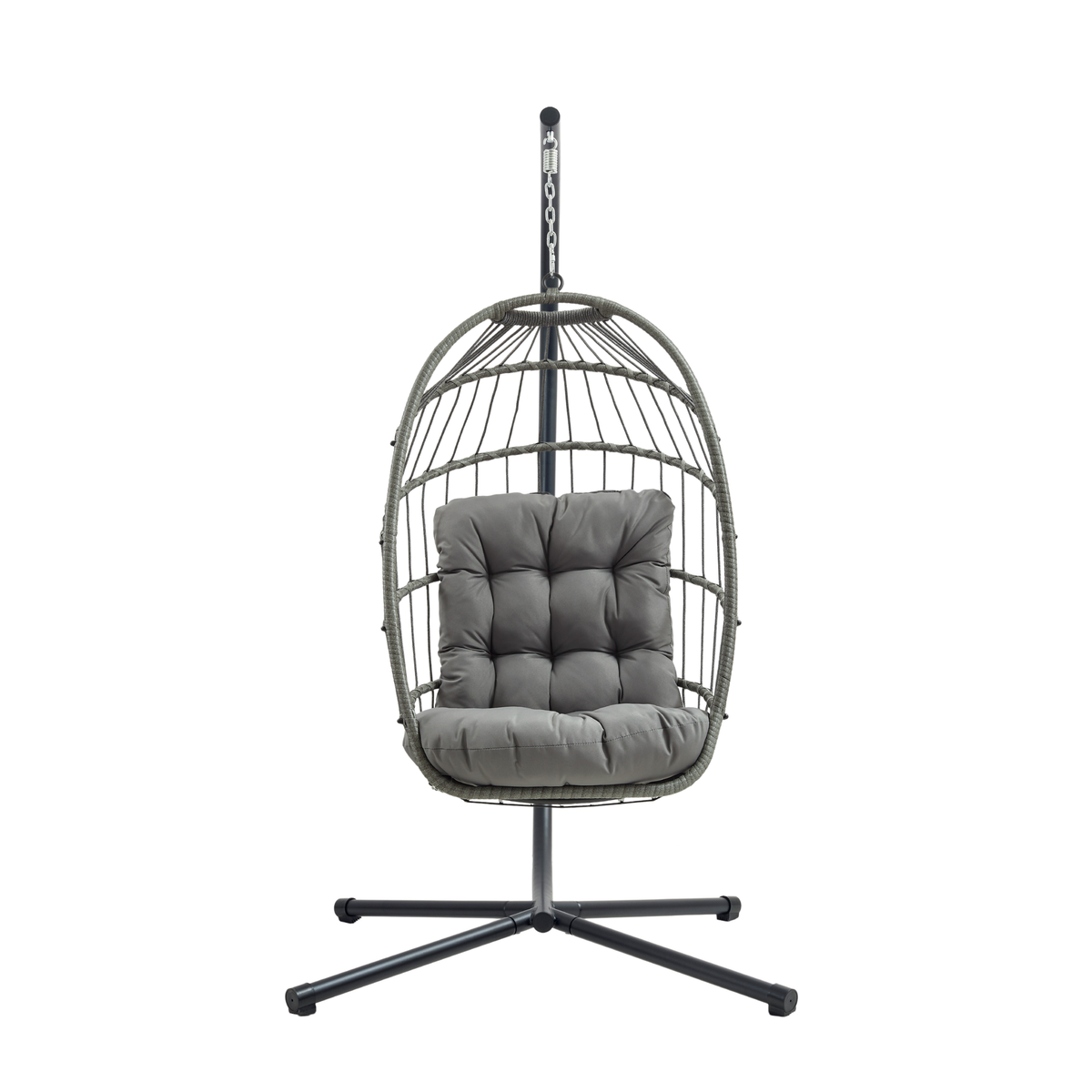 Rattan Hängesessel in Eiform in Grau mit gepolstertem Sitzkissen, stabiler Metallbasis und eleganter, geflochtener Struktur für stilvolle Entspannung