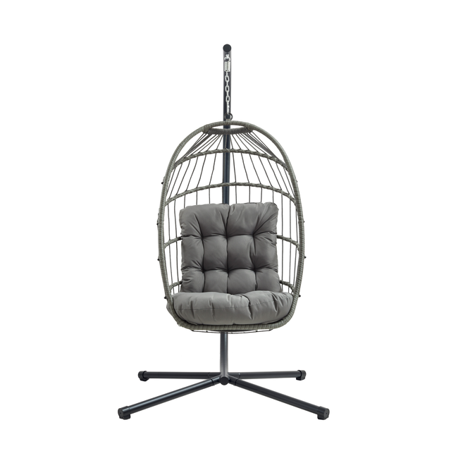 Rattan Hängesessel in Eiform in Grau mit gepolstertem Sitzkissen, stabiler Metallbasis und eleganter, geflochtener Struktur für stilvolle Entspannung
