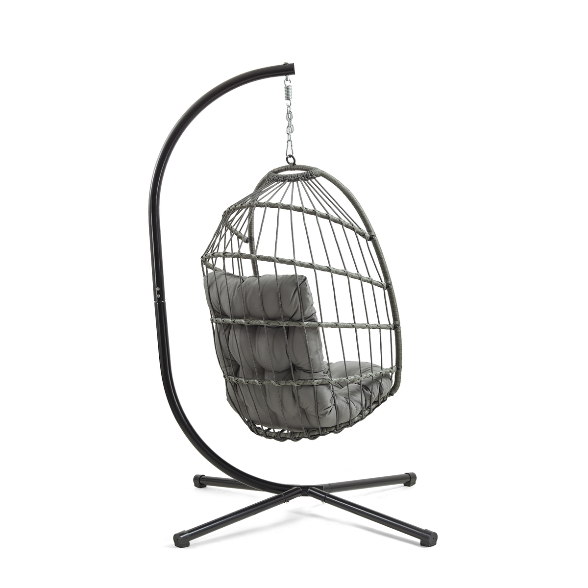 Rattan Hängesessel in Eiform, grau, mit weichem, gepolstertem Kissen, an einem stabilen, schwarzen Metallgestell hängend, ideal für entspannte Momente