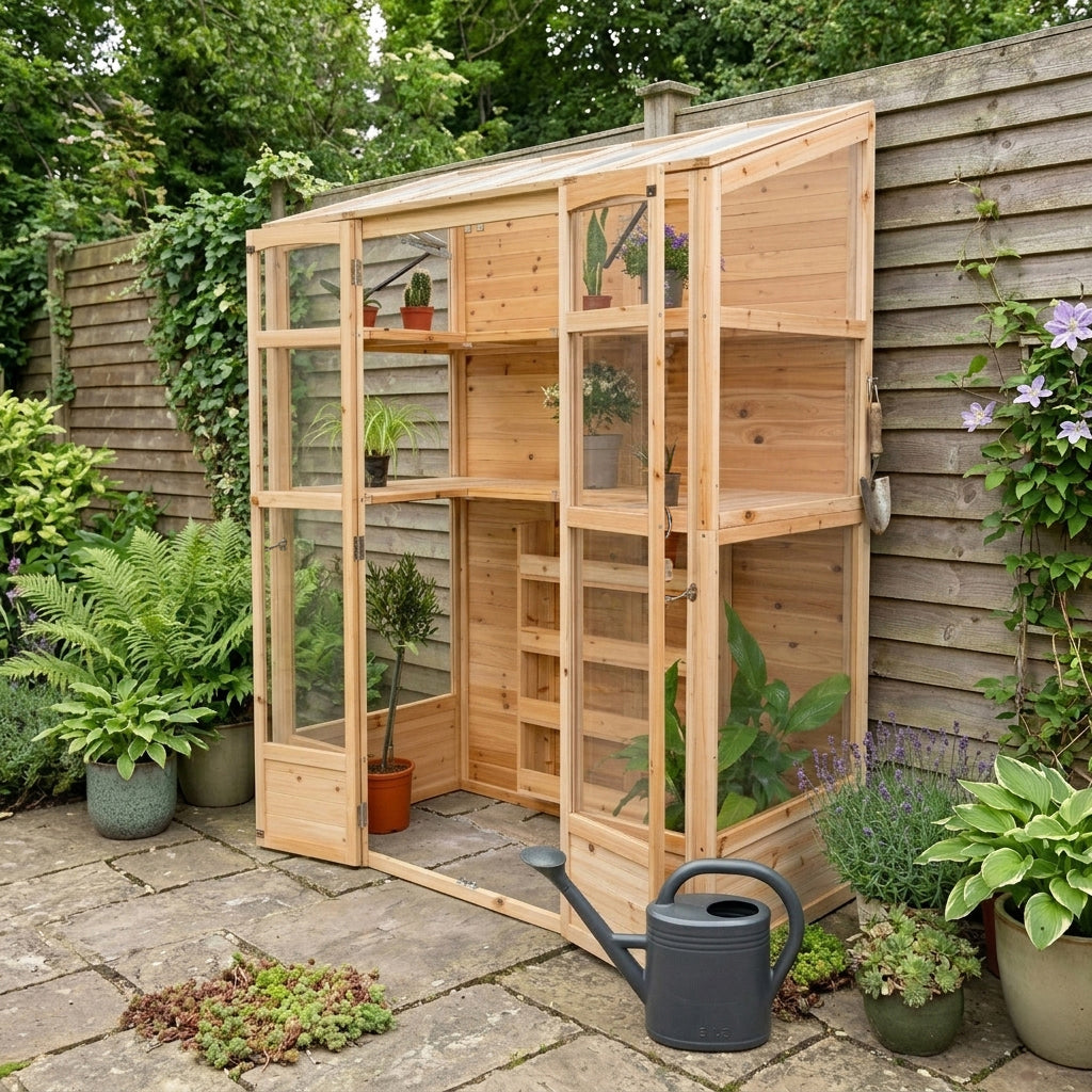Klassisches Gewächshaus aus Naturholz mit transparenten Glastüren, umgeben von grünen Pflanzen und einem grauen Gießkanne auf dem Boden