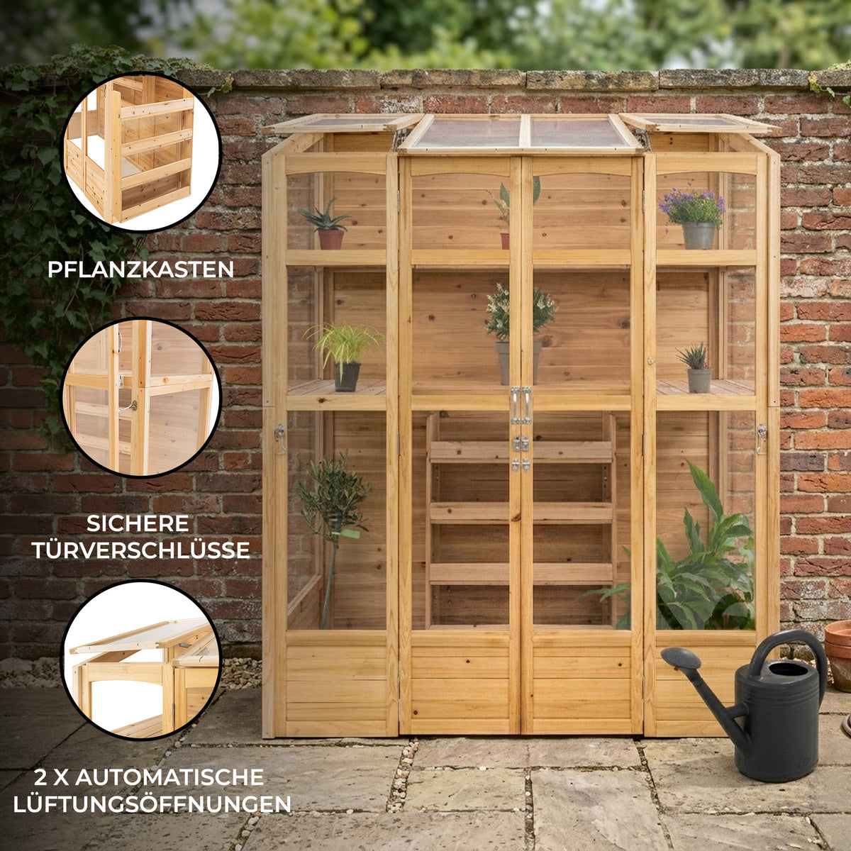 Klassisches Gewächshaus aus Naturholz mit transparenten Glasfenstern, automatischen Lüftungsöffnungen und stabilen Türverschlüssen