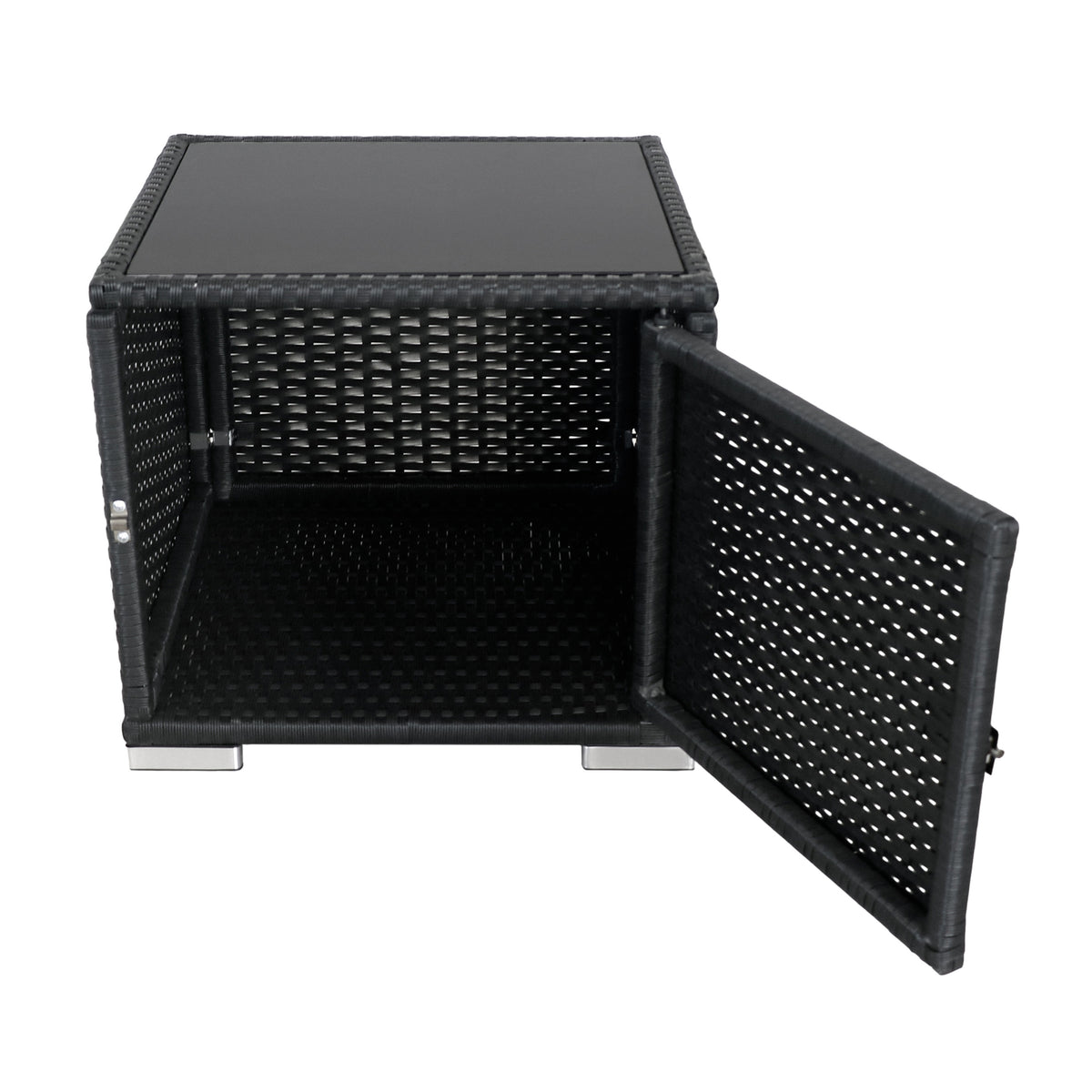 Schwarzer Rattan-Liegestuhl mit einem eleganten Glasoberteil und einem offenen Fach, ideal für den Außenbereich und moderne Terrassen