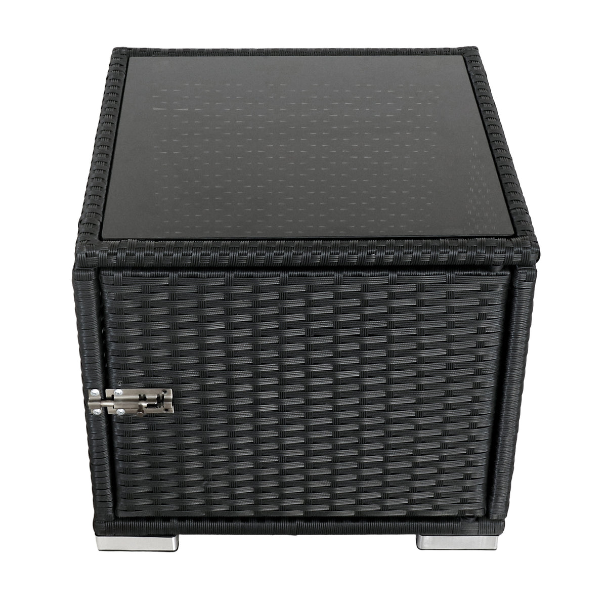 Schwarzer Rattan-Liegestuhl mit glatter Glasoberfläche, quadratischer Form und stabilen Metallfüßen, ideal für den Außenbereich