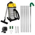 30L Nass- & Trocken-Industriestaubsauger aus Edelstahl mit gelbem Deckel, flexibler Schlauch, Aluminiumrohren und einer Kamera für präzise Reinigung