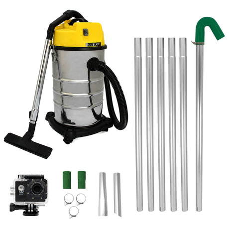 30L Nass- & Trocken-Industriestaubsauger aus Edelstahl mit gelbem Deckel, flexibler Schlauch, Aluminiumrohren und einer Kamera für präzise Reinigung