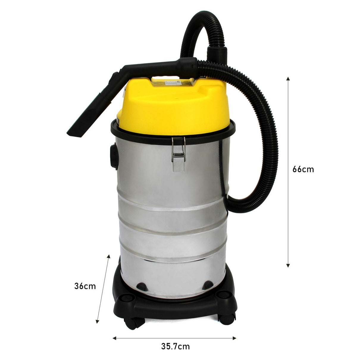 30L Nass- & Trocken Industriestaubsauger mit glänzendem Edelstahlbehälter, gelbem Deckel, flexibler Schlauch und robustem Standfuß, ideal für Baustellen
