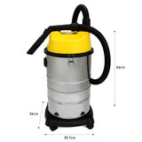 30L Nass- & Trocken Industriestaubsauger mit glänzendem Edelstahlbehälter, gelbem Deckel, flexibler Schlauch und robustem Standfuß, ideal für Baustellen