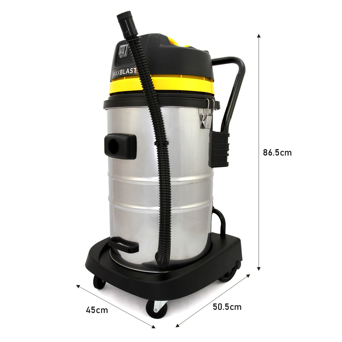 50L Nass- und Trocken-Industriestaubsauger aus Edelstahl mit gelben Akzenten, flexibler Schlauch, stabiler Basis und praktischen Rollen für einfache Mobilität