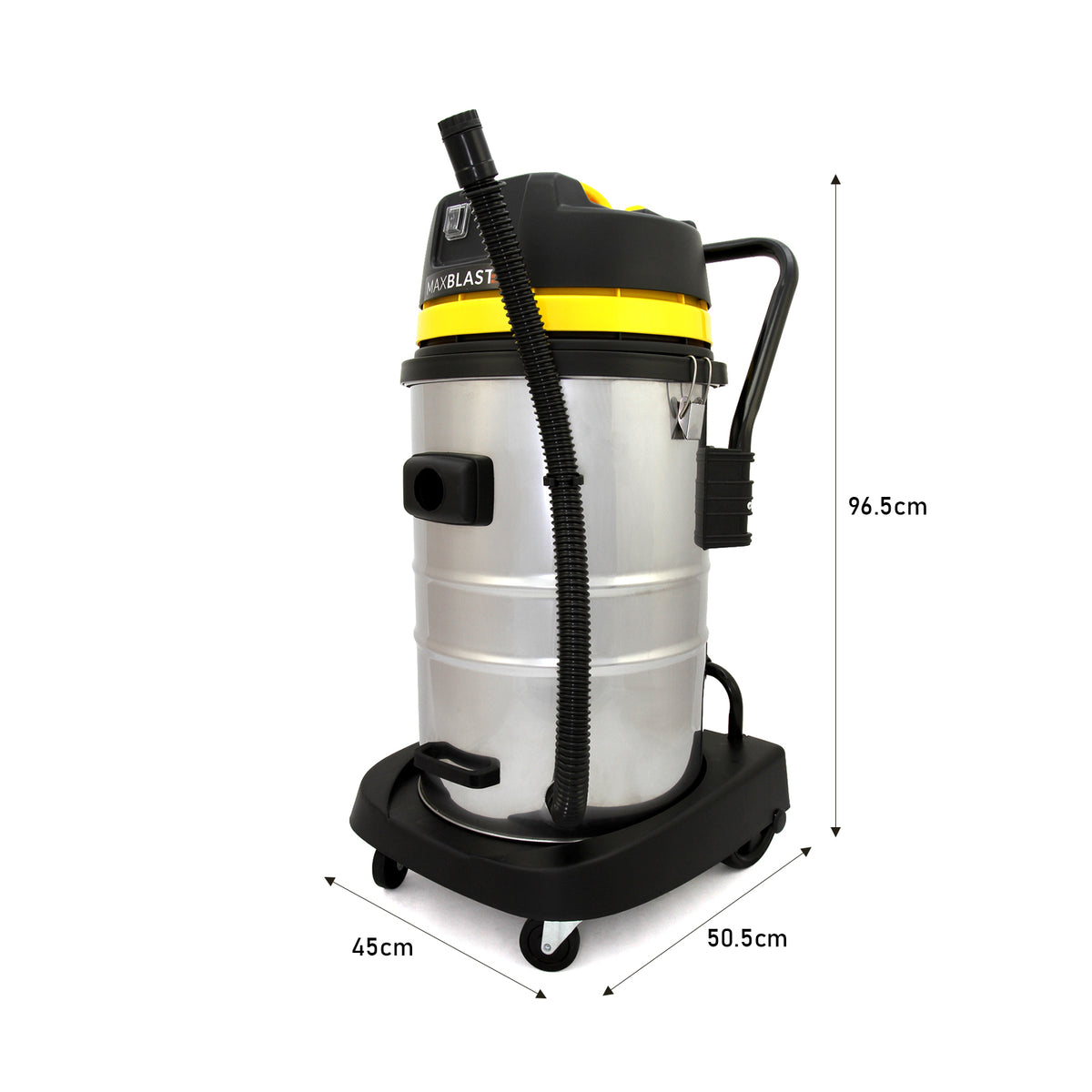 60L Nass- & Trocken Industriestaubsauger in Edelstahl mit gelben Akzenten, flexibler Schlauch, stabiler Basis und praktischen Rollen für einfache Mobilität