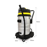 60L Nass- & Trocken Industriestaubsauger in Edelstahl mit gelben Akzenten, flexibler Schlauch, stabiler Basis und praktischen Rollen für einfache Mobilität