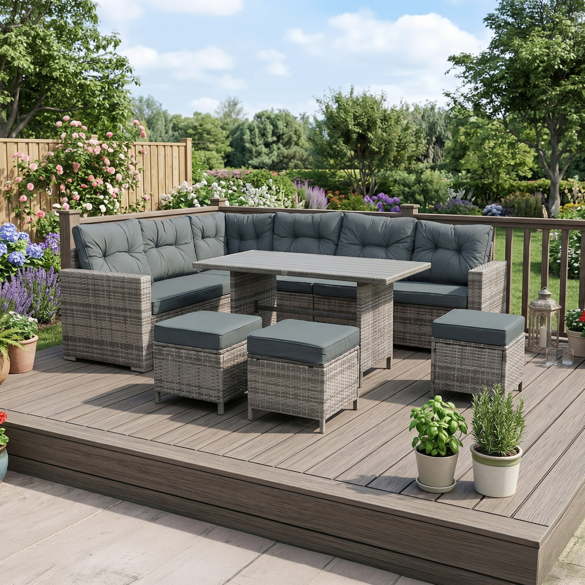 Rattan Eckset mit Verbundstoff-Tisch – Grau