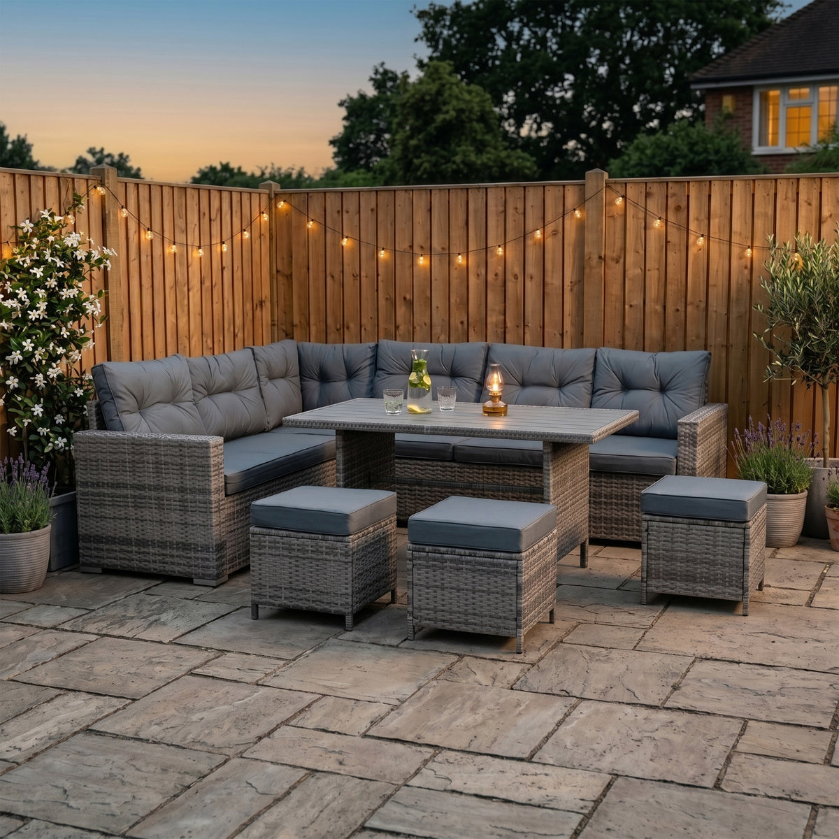 Rattan Eckset mit Verbundstoff-Tisch – Grau
