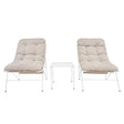 Drei-teiliges Bistro-Set in Creme mit zwei gepolsterten Liegen und einem transparenten Glastisch, ideal für den Außenbereich