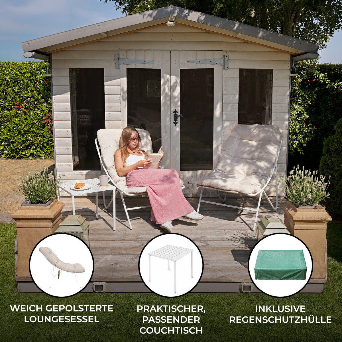Drei-teiliges Bistro-Set in Creme mit weichen Loungesesseln, einem praktischen Tisch und schützender Abdeckung, ideal für den Garten