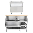 Mobiler Cocktail-Bar-Station aus Edelstahl mit Holzarbeitsfläche, Eiswürfelwagen und praktischen Ablageflächen, ideal für Events