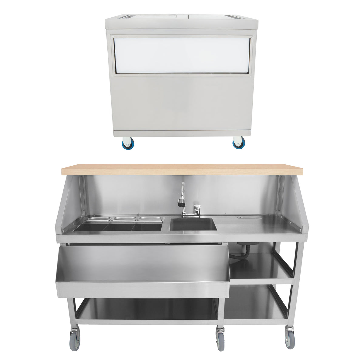 Mobiler Cocktail-Bar-Station aus Edelstahl mit Holzarbeitsfläche, Eiswürfelwagen und praktischen Ablageflächen, ideal für Events