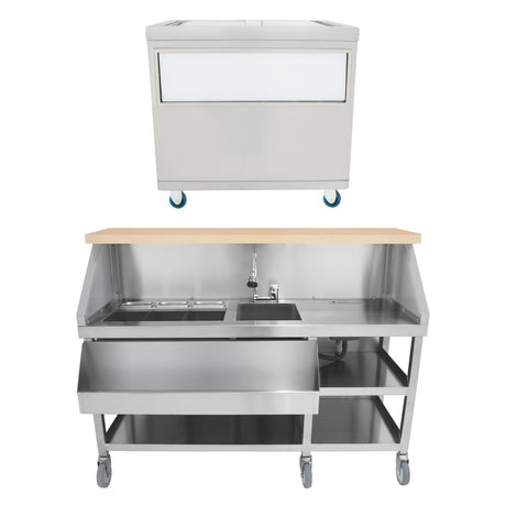 Mobiler Cocktail-Bar-Station aus Edelstahl mit Holzarbeitsfläche, Eiswürfelwagen und praktischen Ablageflächen, ideal für Events