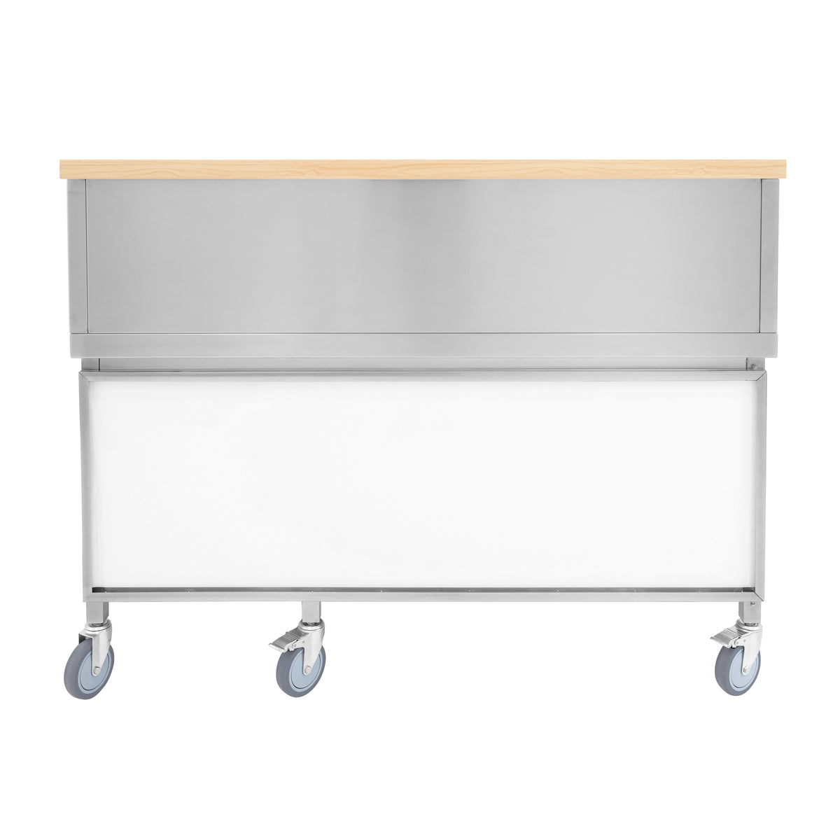 Mobiler Cocktail-Bar-Station aus Edelstahl mit hellem Holzoberteil und vier Rollen für einfache Mobilität, ideal für Partys