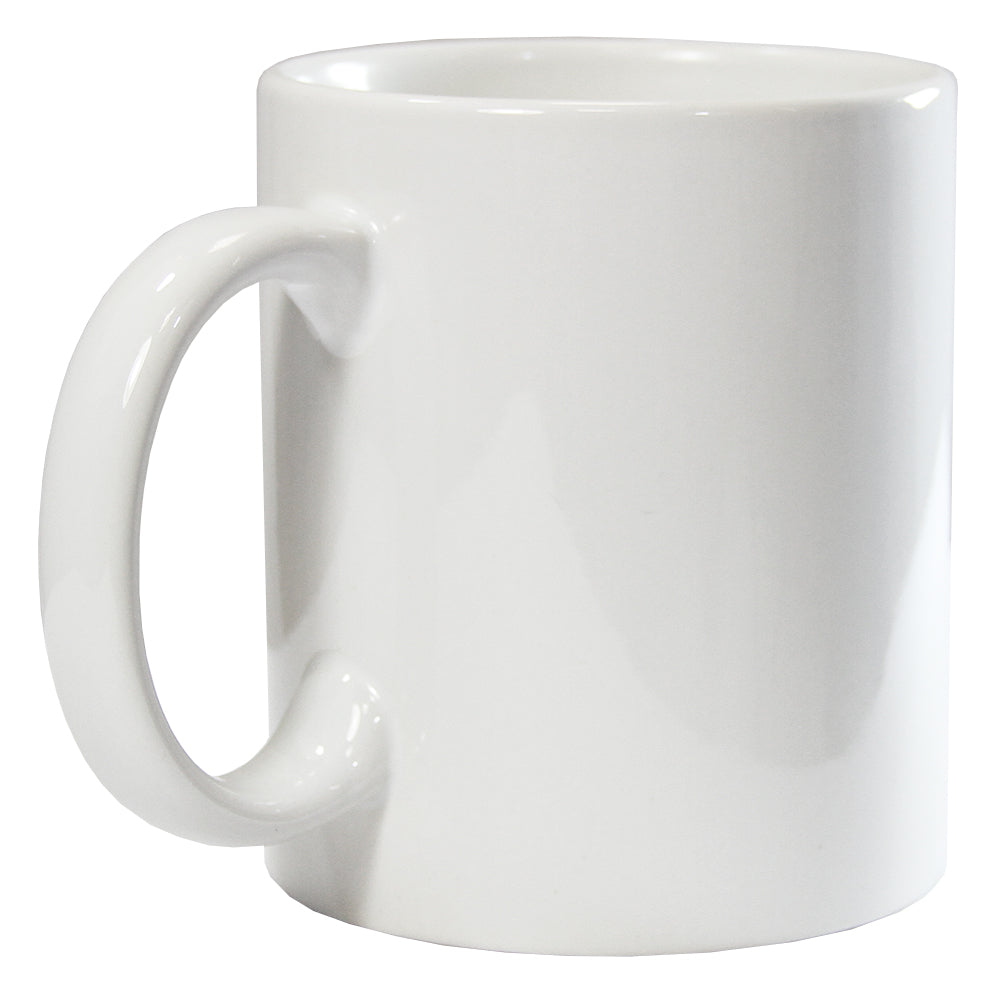 Weiße Sublimationstasse mit glänzender Oberfläche, rundem Körper und einem stabilen, ergonomischen Henkel, ideal für personalisierte Designs