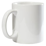 Weiße Sublimationstasse mit glänzender Oberfläche, runder Form und einem stabilen, geschwungenen Henkel, ideal für personalisierte Designs