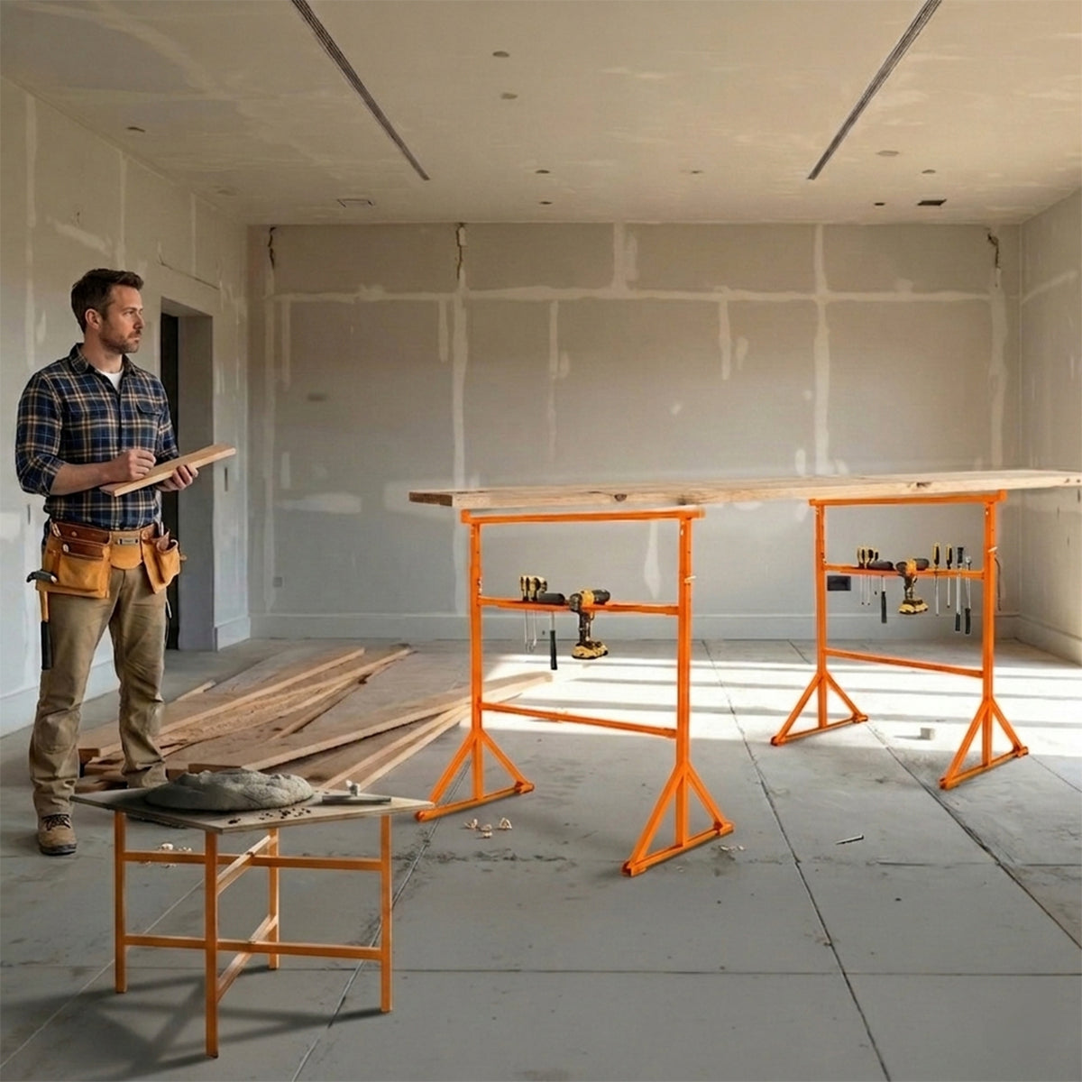 Vier orangefarbene Arbeitsböcke und fünf Mörtelbrettständer in einem hellen Raum, ideal für Bau- und Renovierungsprojekte