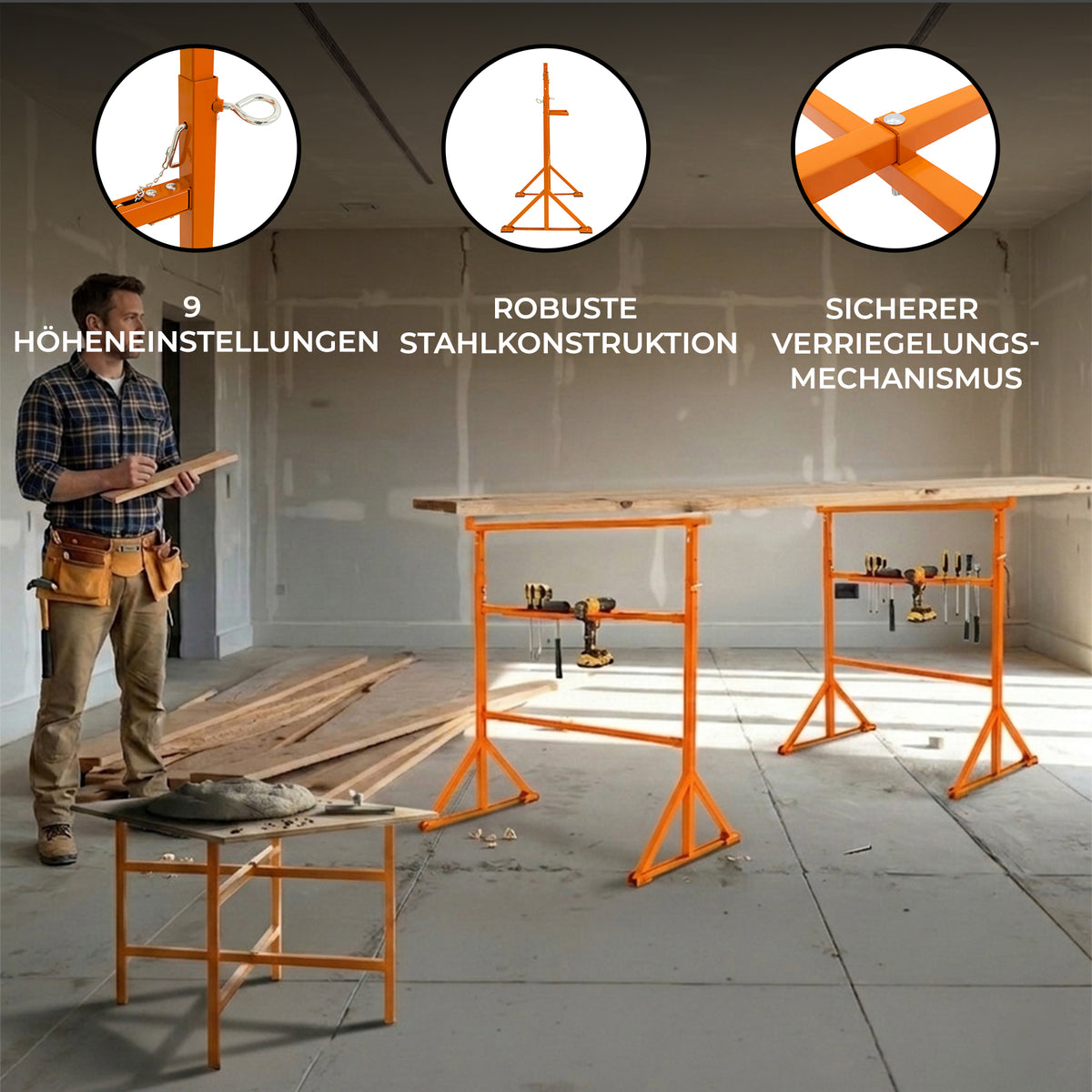 Vier orangefarbene Arbeitsböcke und fünf Mörtelbrettständer in einem leeren Raum, robust mit verstellbarer Höhe und sicherem Mechanismus
