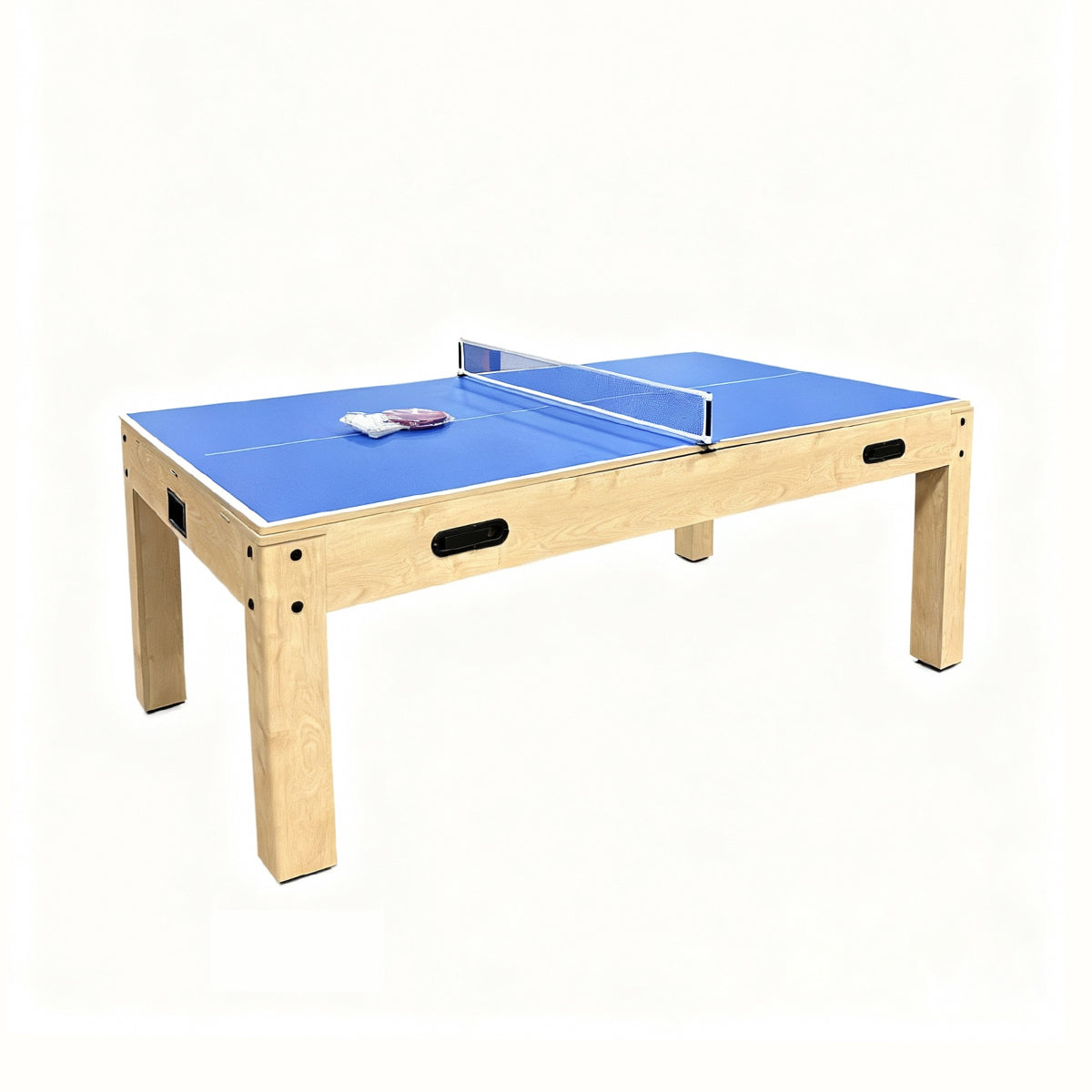 7-in-1 Spieltisch aus Eiche mit blauer Tischoberfläche, stabilen Beinen und einem zentralen Netz für verschiedene Spiele wie Tischtennis und Dart