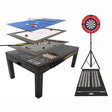 7-in-1 Spieltisch in Grau mit abnehmbaren Oberflächen für Dart, Tischtennis, Billard und mehr, ergänzt durch ein LED-Ringlicht für optimale Beleuchtung