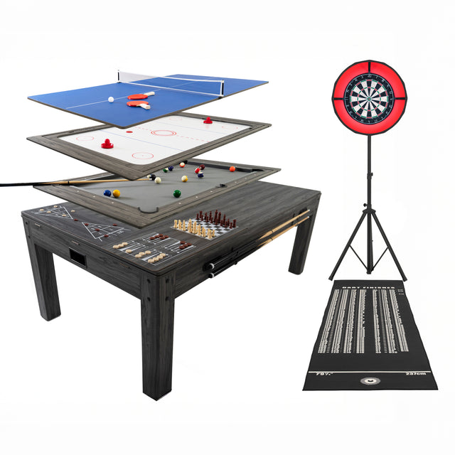 7-in-1 Spieltisch in Grau mit abnehmbaren Oberflächen für Dart, Tischtennis, Billard und mehr, ergänzt durch ein LED-Ringlicht für optimale Beleuchtung