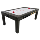 Grauer 7-in-1 Spieltisch mit LED-Ringlicht, ausgestattet mit einer glatten Oberfläche, roten Pucks und stabilen Holzbeinen für vielseitigen Spielspaß