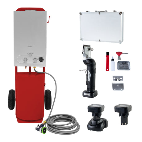 Tragbare Pferdedusche und kabellose Schermaschine in Rot, mit Zubehör wie Schläuchen, Akkus und Reinigungswerkzeugen, ideal für die Pferdepflege