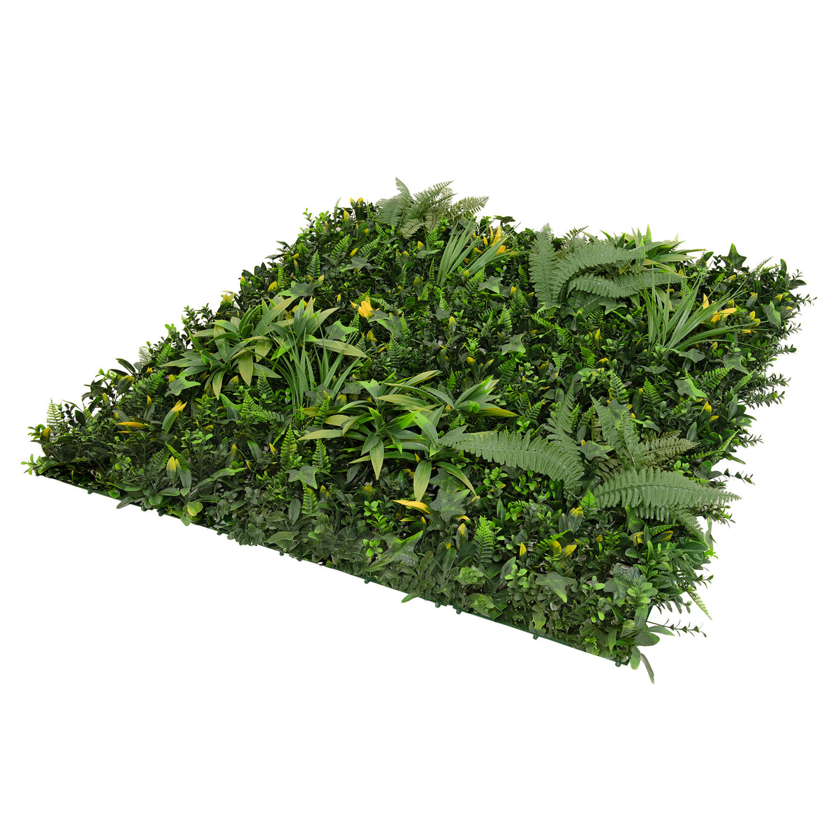Künstliche Wandfliese in 100 cm x 100 cm, üppiges Grün mit verschiedenen Pflanzenarten, lebendige Farben und natürliche Texturen