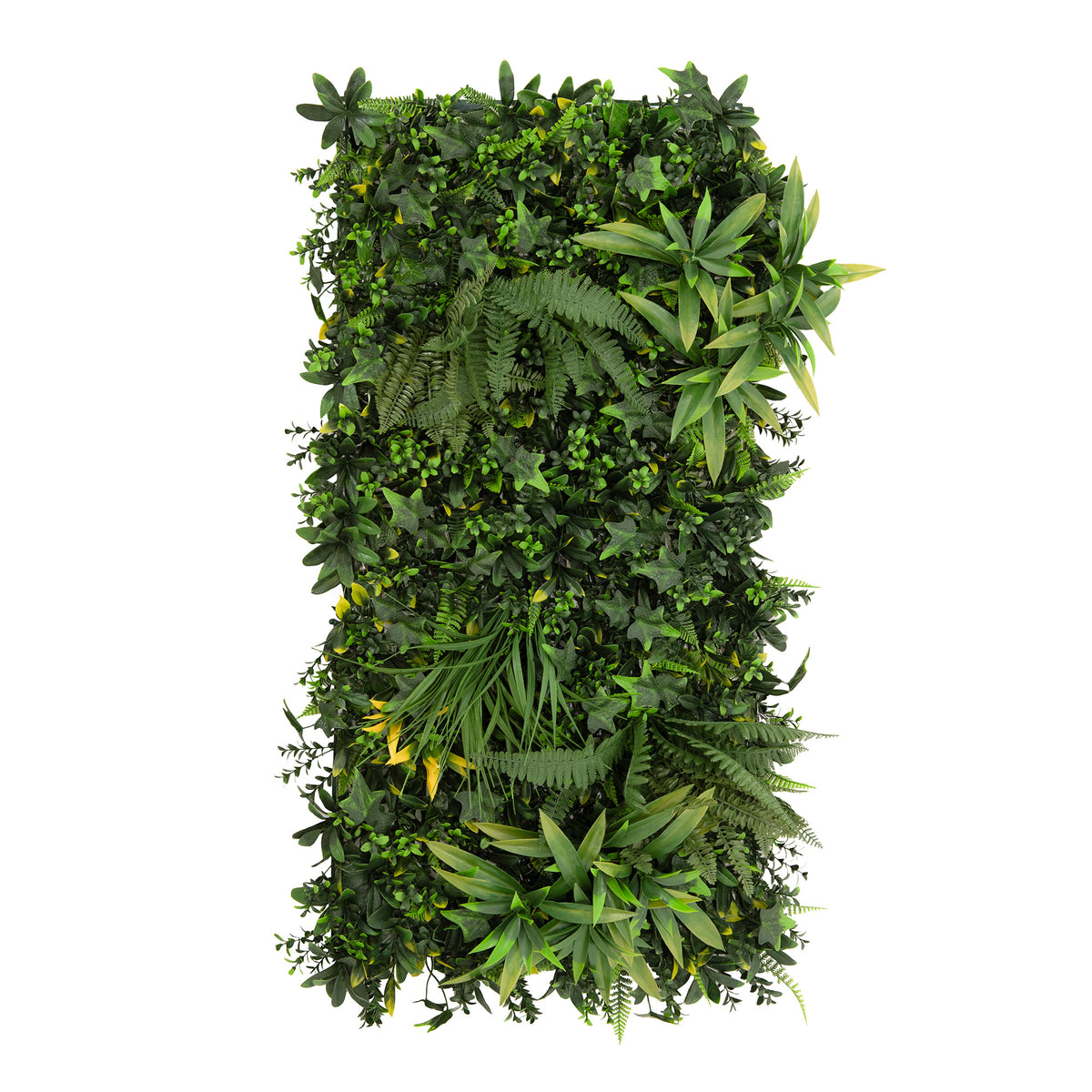 Künstliche Wandfliese in 50 cm x 100 cm mit üppigem, grünem Blattwerk, verschiedenen Pflanzenarten und lebendigen Texturen