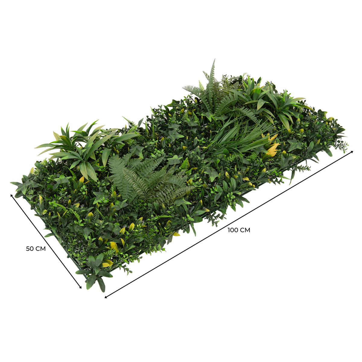 Künstliche Wandfliese in lebendigem Grün, 50 cm x 100 cm, mit verschiedenen Pflanzenarten und realistischen Texturen für natürliche Akzente